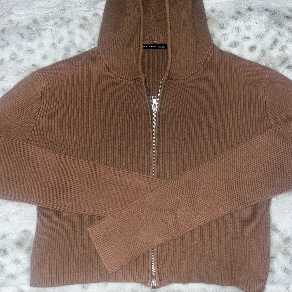 Brandy Melville Brown Ribbed Zip-Up Hoodie Sweater